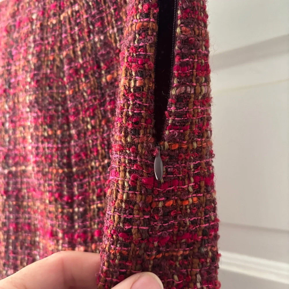 Lafayette 148 New York Tweed Midi Skirt Red Purple Flounce Hem Size 4